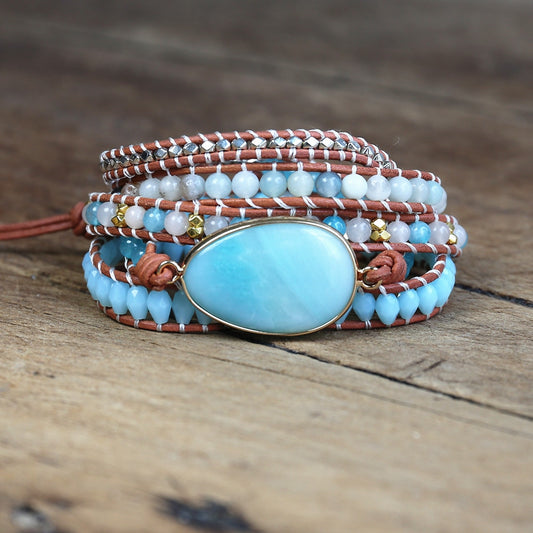 5 Strand Leather Caribbean Calcite Bracelet