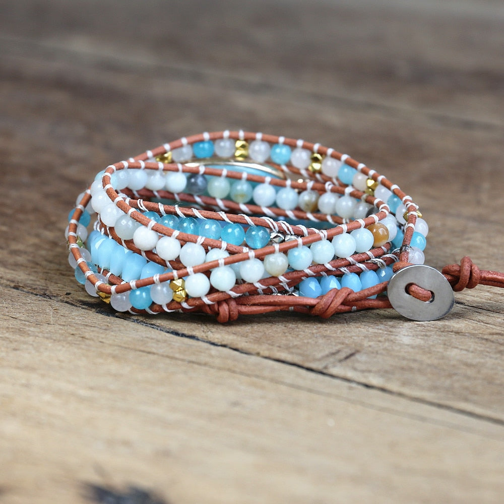 5 Strand Leather Caribbean Calcite Bracelet