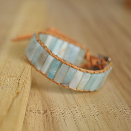 Hand Woven Caribbean Calcite & Leather Rectangle Bracelet