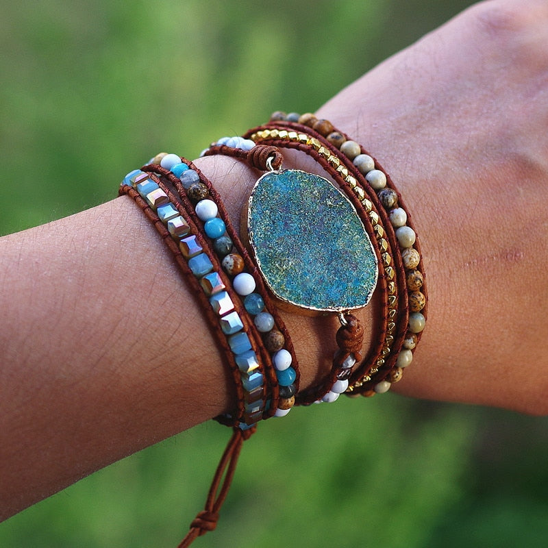 5 Strand Leather Layered Blue Druzy Bracelet