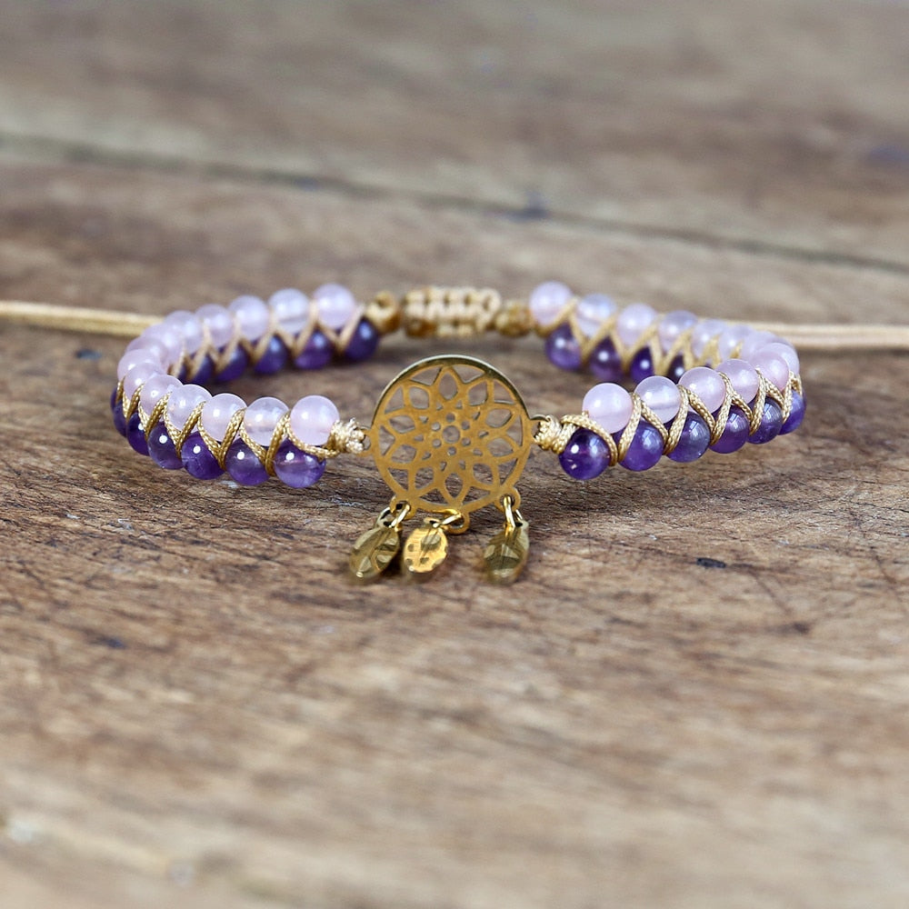 Hand Woven Rose Quartz Amethyst Dream Catch Bracelet