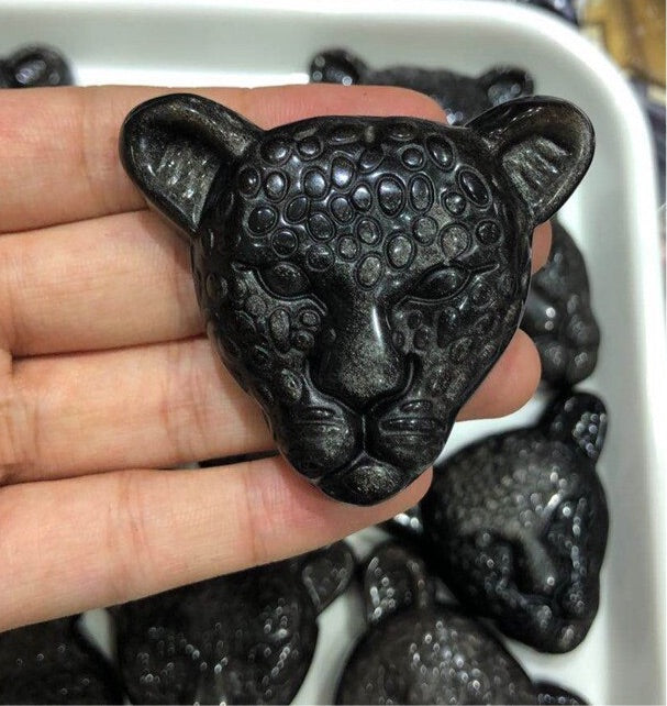 Hand Carved Golden Sheen Obsidian Leopard Head