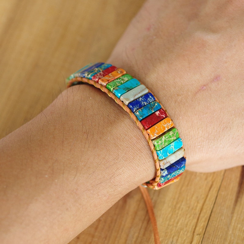 Hand Woven Chakra & Leather Rectangle Bracelet