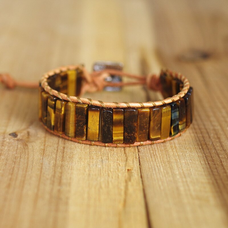 Hand Woven Tigers Eyes & Leather Rectangle Bracelet