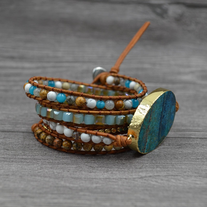 5 Strand Leather Layered Blue Druzy Bracelet