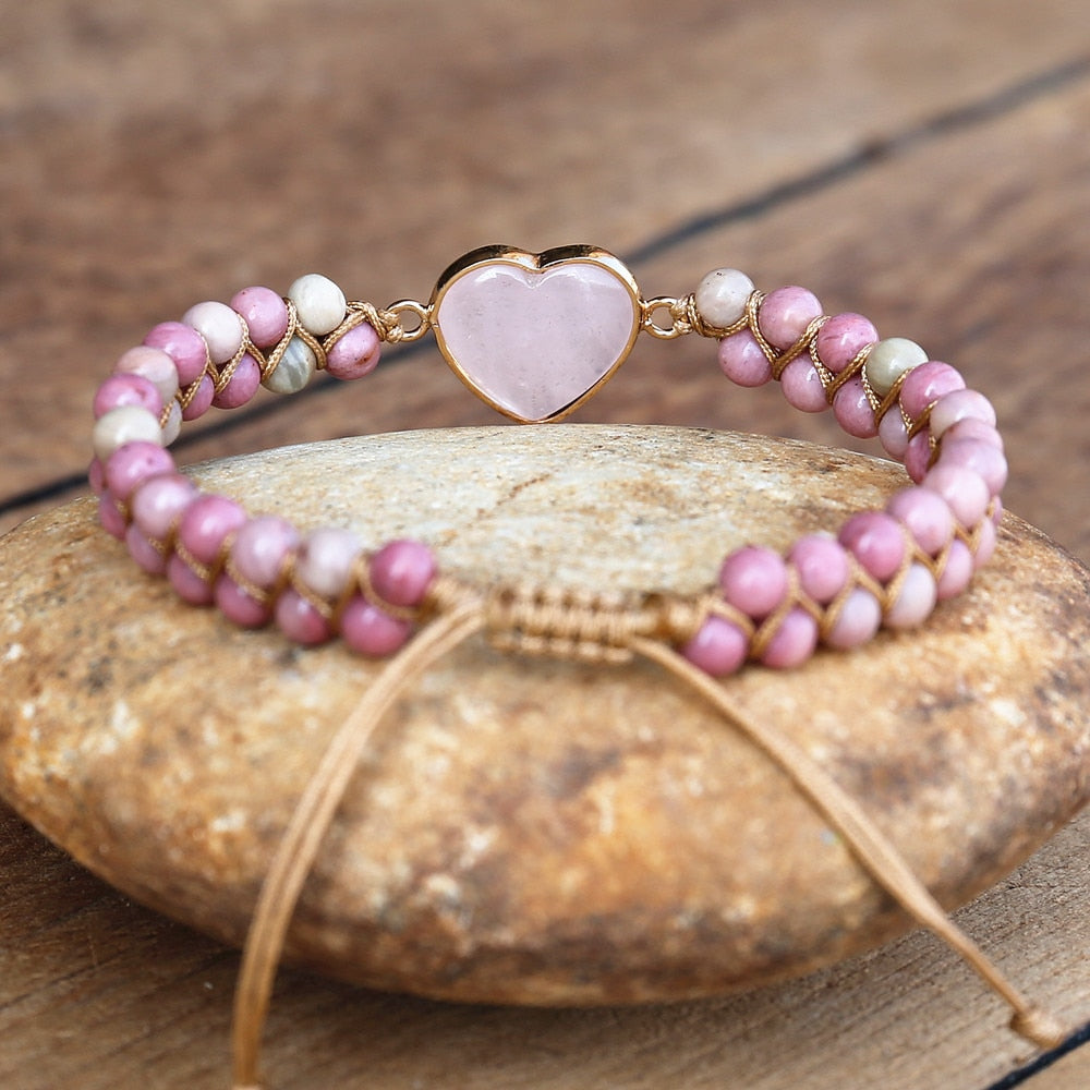 Hand Woven Rhodonite Rose Quartz Heart Bracelet