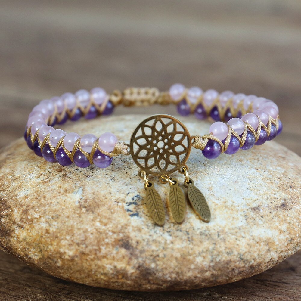 Hand Woven Rose Quartz Amethyst Dream Catch Bracelet