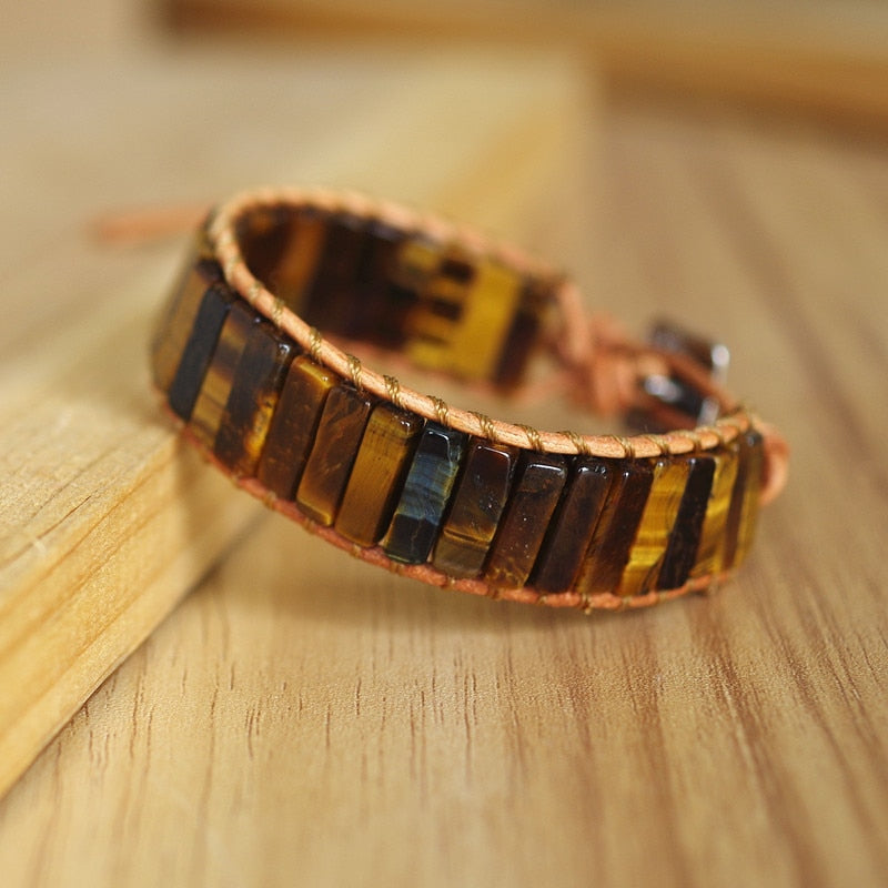 Hand Woven Tigers Eyes & Leather Rectangle Bracelet