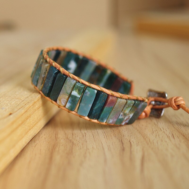 Hand Woven Ocean Jasper & Leather Rectangle Bracelet