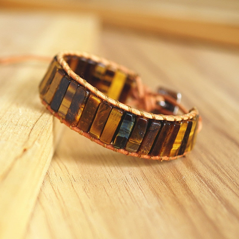 Hand Woven Tigers Eyes & Leather Rectangle Bracelet