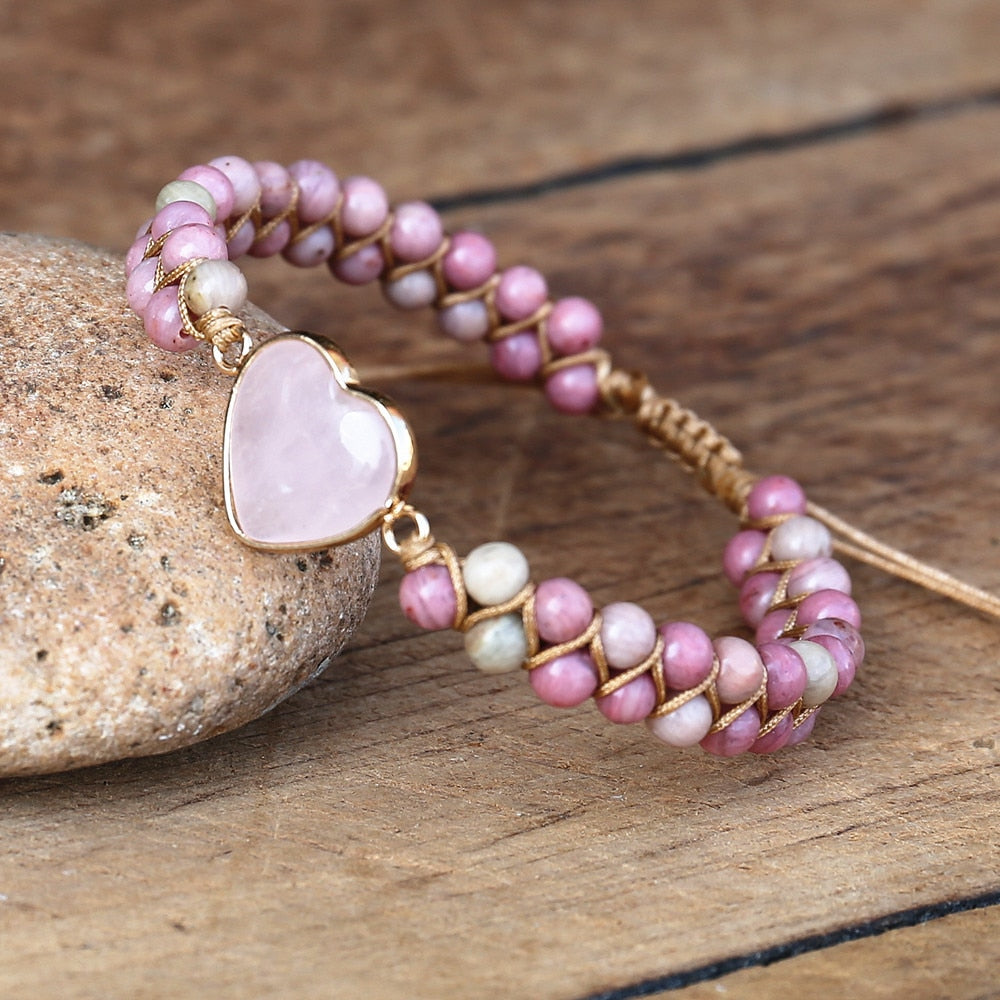 Hand Woven Rhodonite Rose Quartz Heart Bracelet