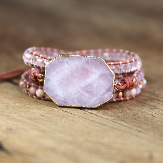 5 Layered Facet Rose Quartz Leather Bracelet