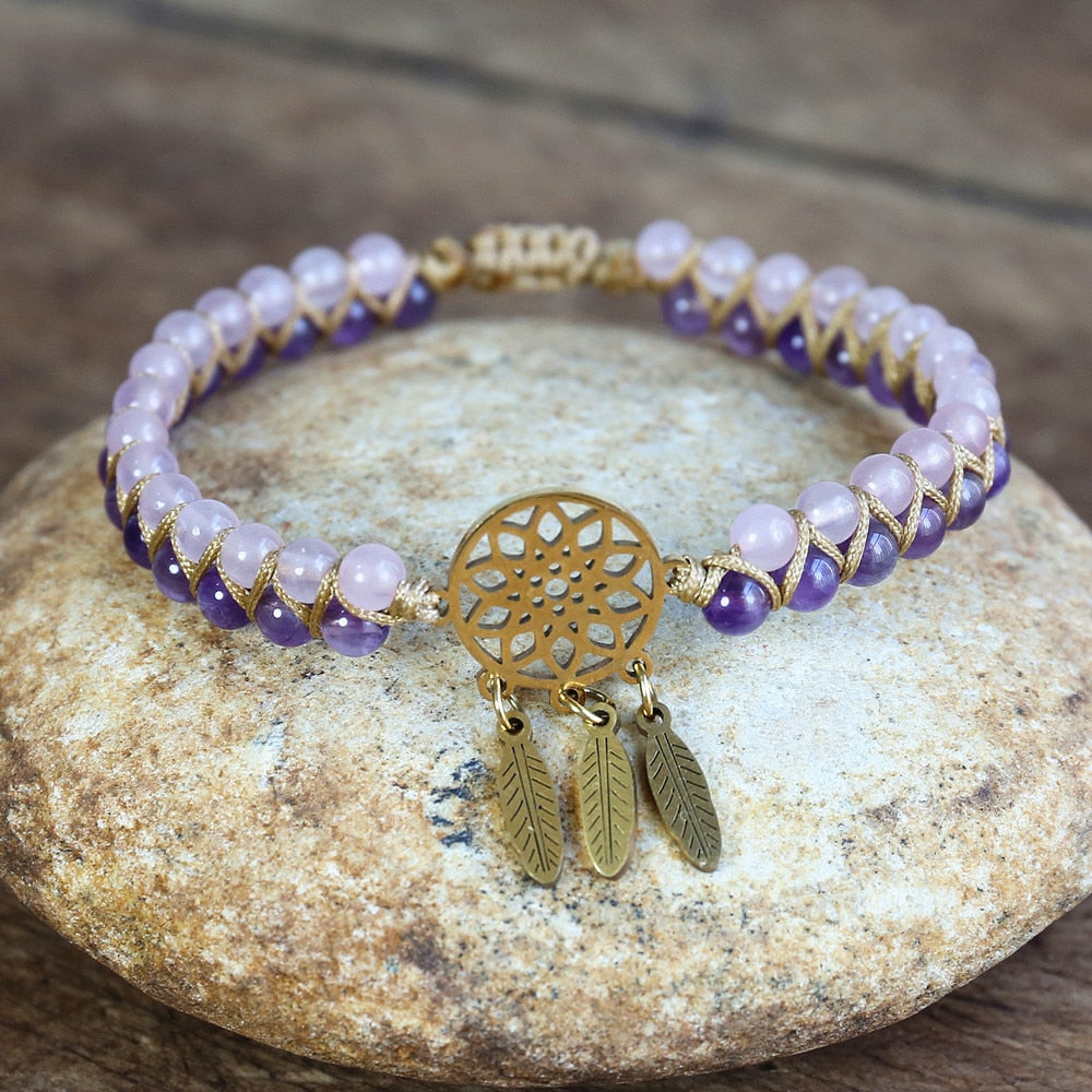 Hand Woven Rose Quartz Amethyst Dream Catch Bracelet