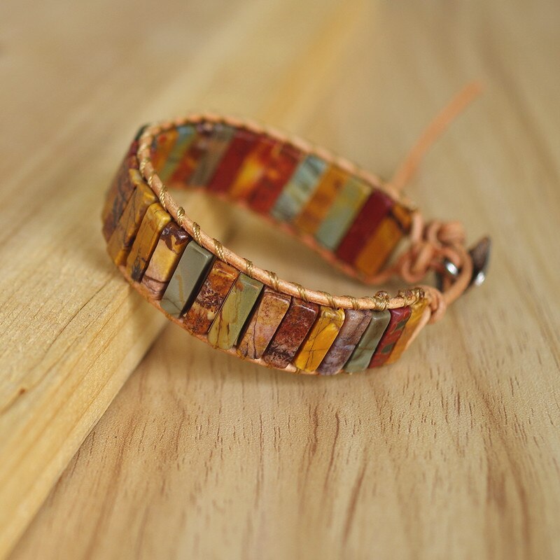 Hand Woven Mookaite/Picasso Jasper Mix & Leather Rectangle Bracelet