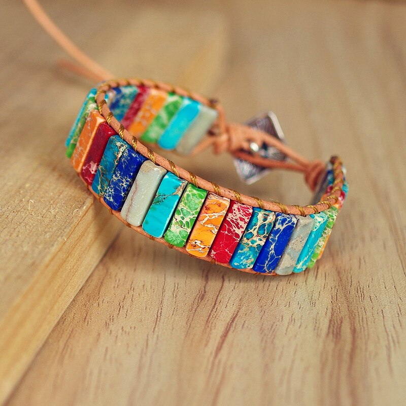 Hand Woven Chakra & Leather Rectangle Bracelet