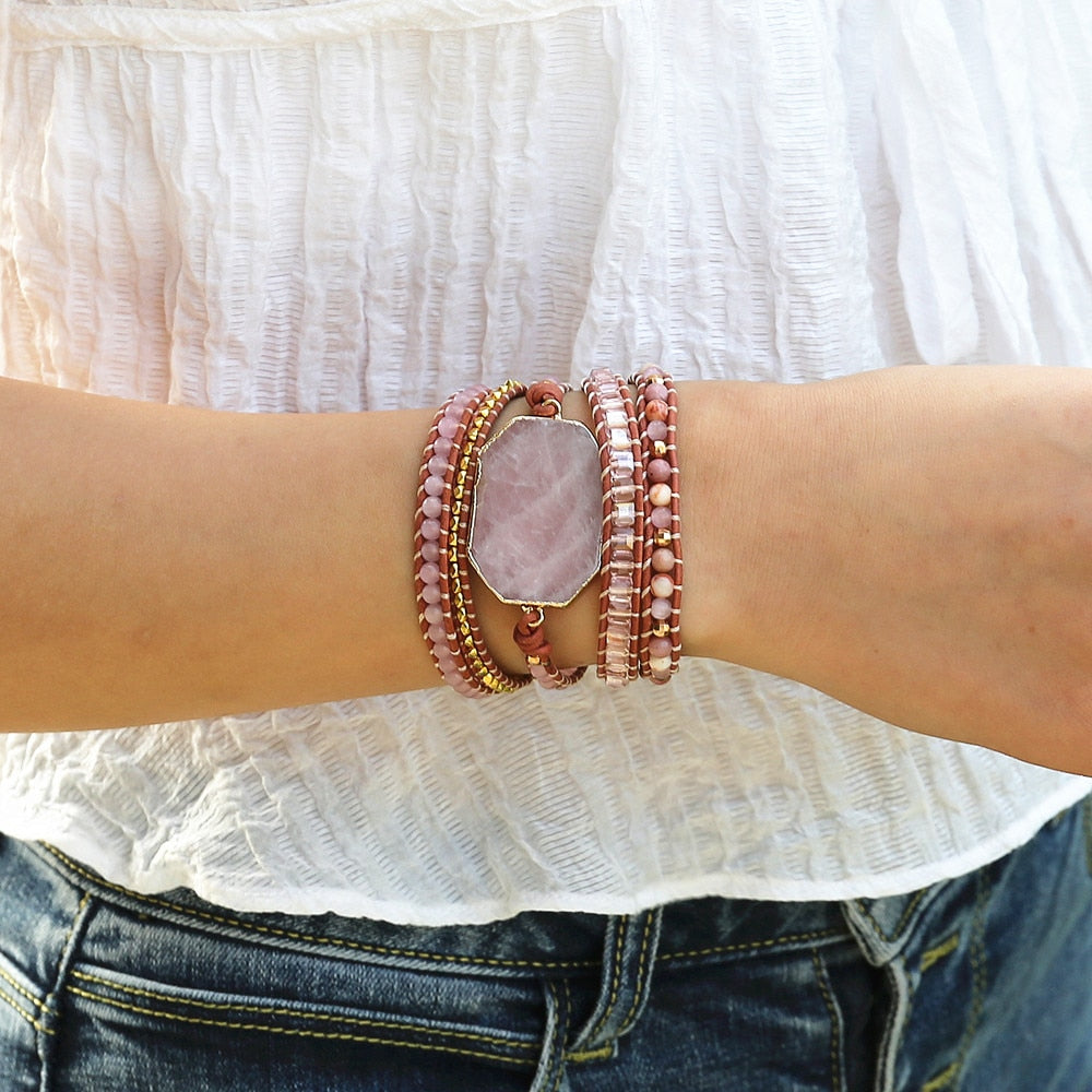 5 Layered Facet Rose Quartz Leather Bracelet