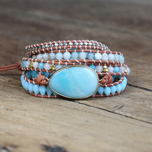 5 Strand Leather Caribbean Calcite Bracelet