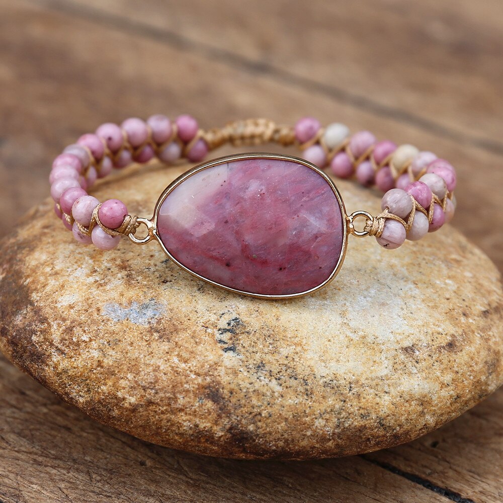 Hand Woven Rhodonite or Caribbean Calcite Facet Charm Bracelet