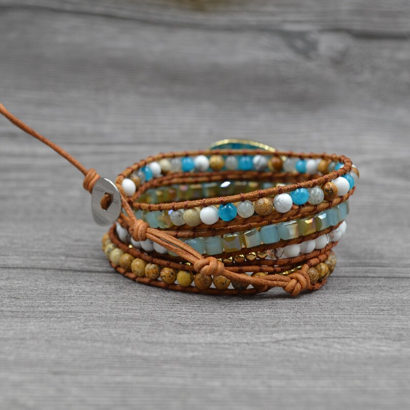 5 Strand Leather Layered Blue Druzy Bracelet