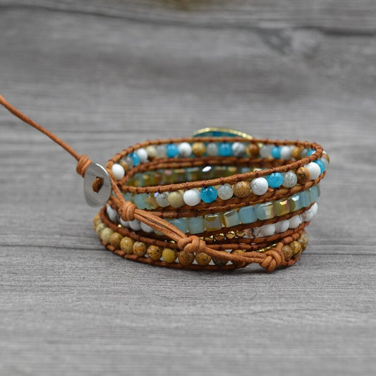 5 Strand Leather Layered Blue Druzy Bracelet