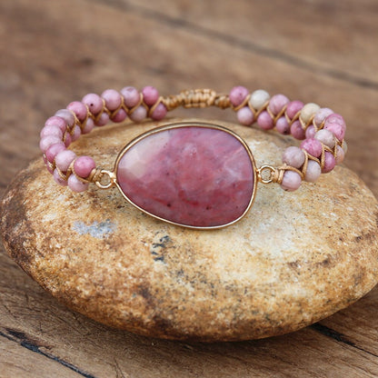 Hand Woven Rhodonite or Caribbean Calcite Facet Charm Bracelet