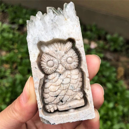 Owl Quartz Cluster Block Carving