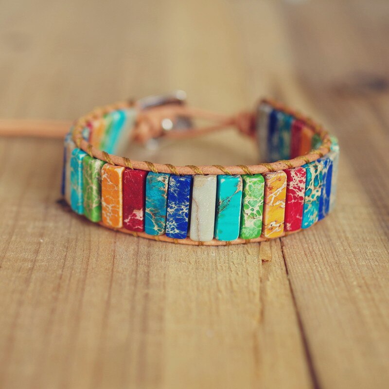 Hand Woven Chakra & Leather Rectangle Bracelet