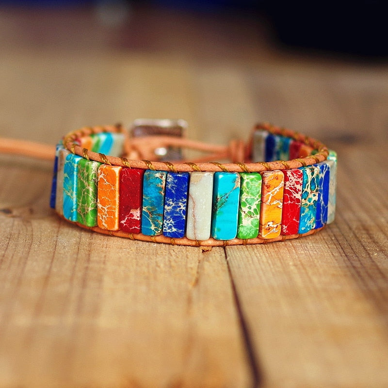 Hand Woven Chakra & Leather Rectangle Bracelet