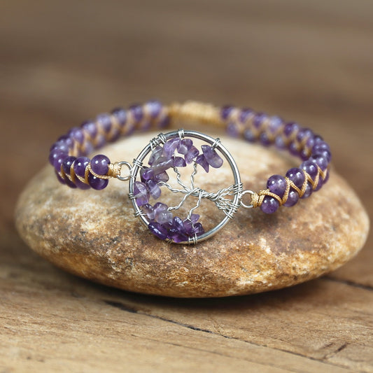 Hand Woven Tree of Life Bracelet (Amethyst or Caribbean Calcite)