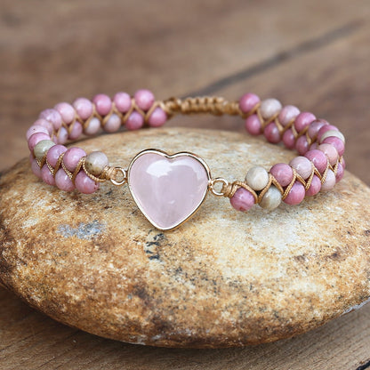 Hand Woven Rhodonite Rose Quartz Heart Bracelet