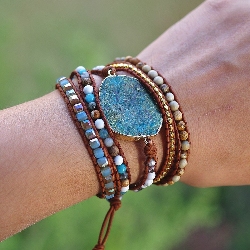 5 Strand Leather Layered Blue Druzy Bracelet