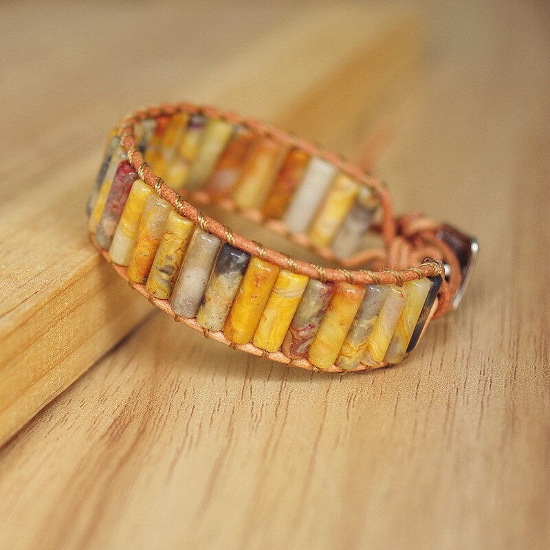 Hand Woven Crazy Lace Agate & Leather Cylinder Bracelet