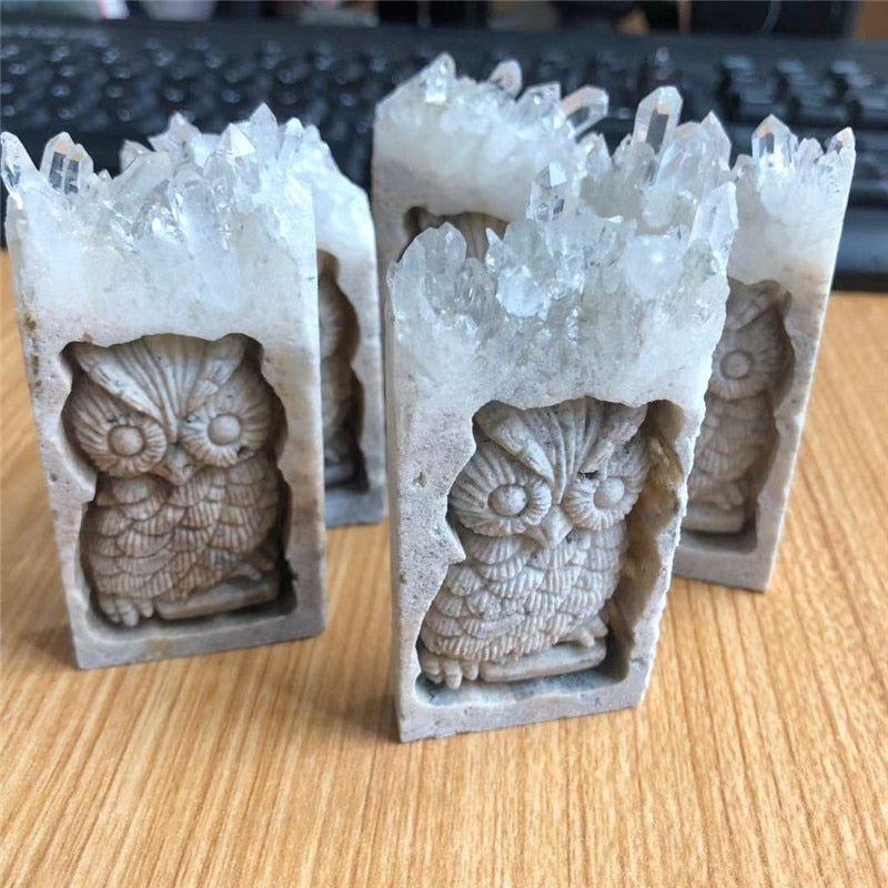 Owl Quartz Cluster Block Carving