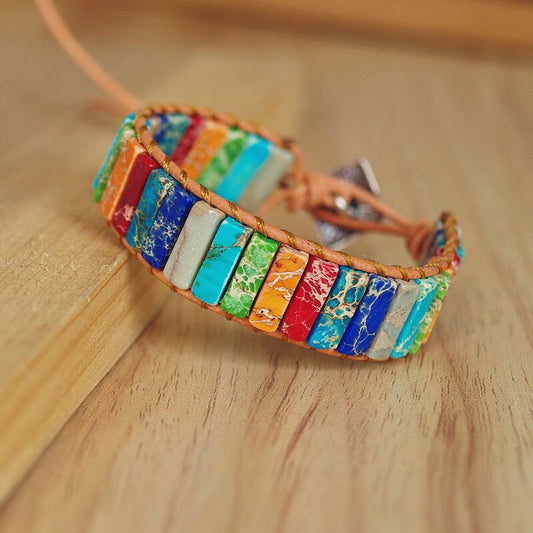 Hand Woven Chakra & Leather Rectangle Bracelet