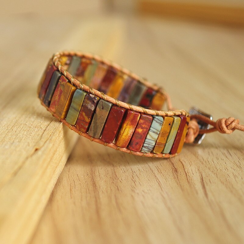 Hand Woven Mookaite/Picasso Jasper Mix & Leather Rectangle Bracelet