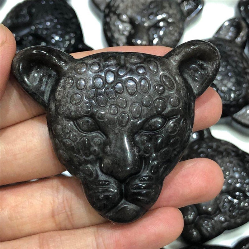 Hand Carved Golden Sheen Obsidian Leopard Head