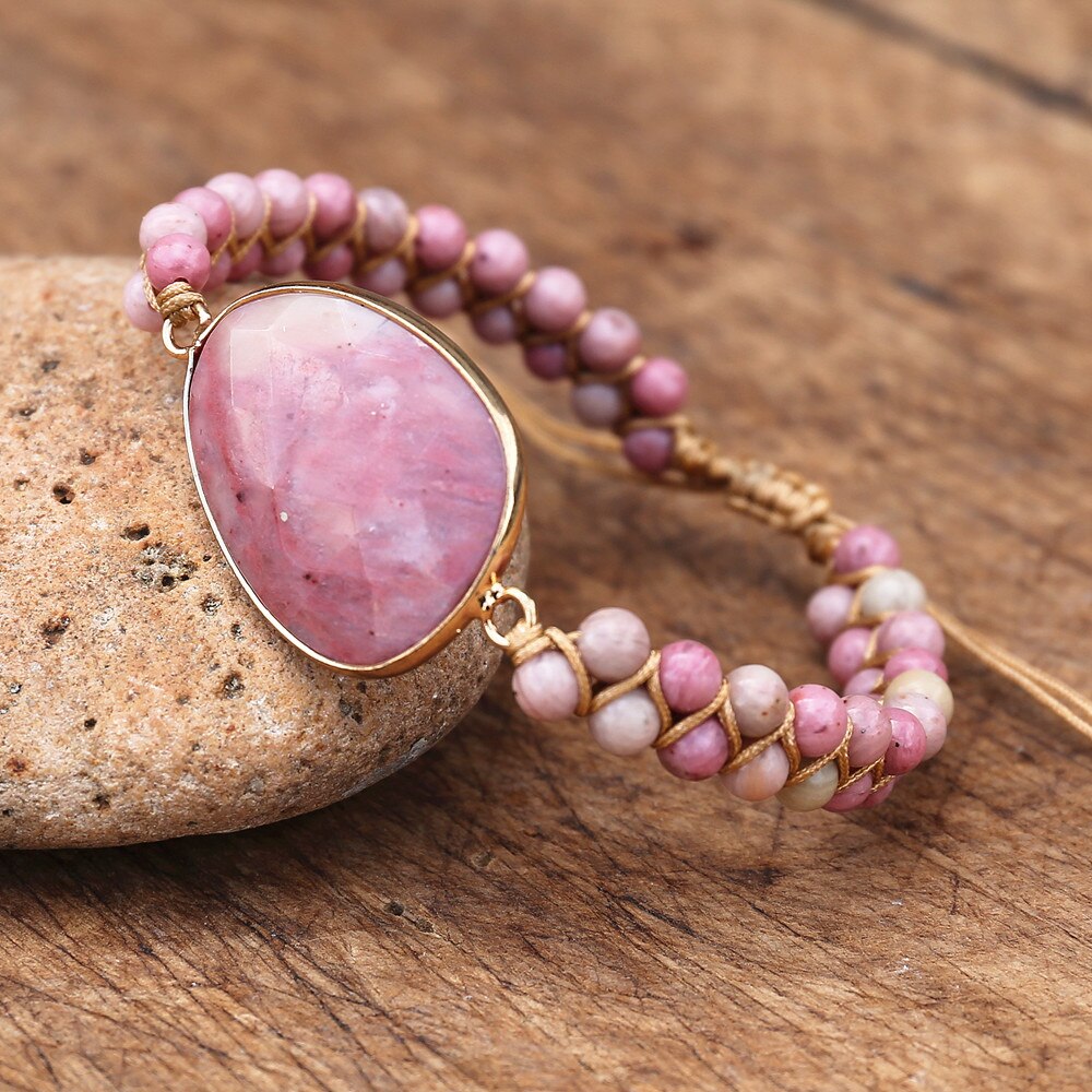 Hand Woven Rhodonite or Caribbean Calcite Facet Charm Bracelet