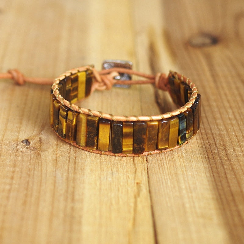 Hand Woven Tigers Eyes & Leather Rectangle Bracelet