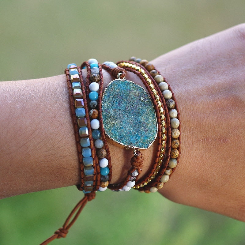 5 Strand Leather Layered Blue Druzy Bracelet