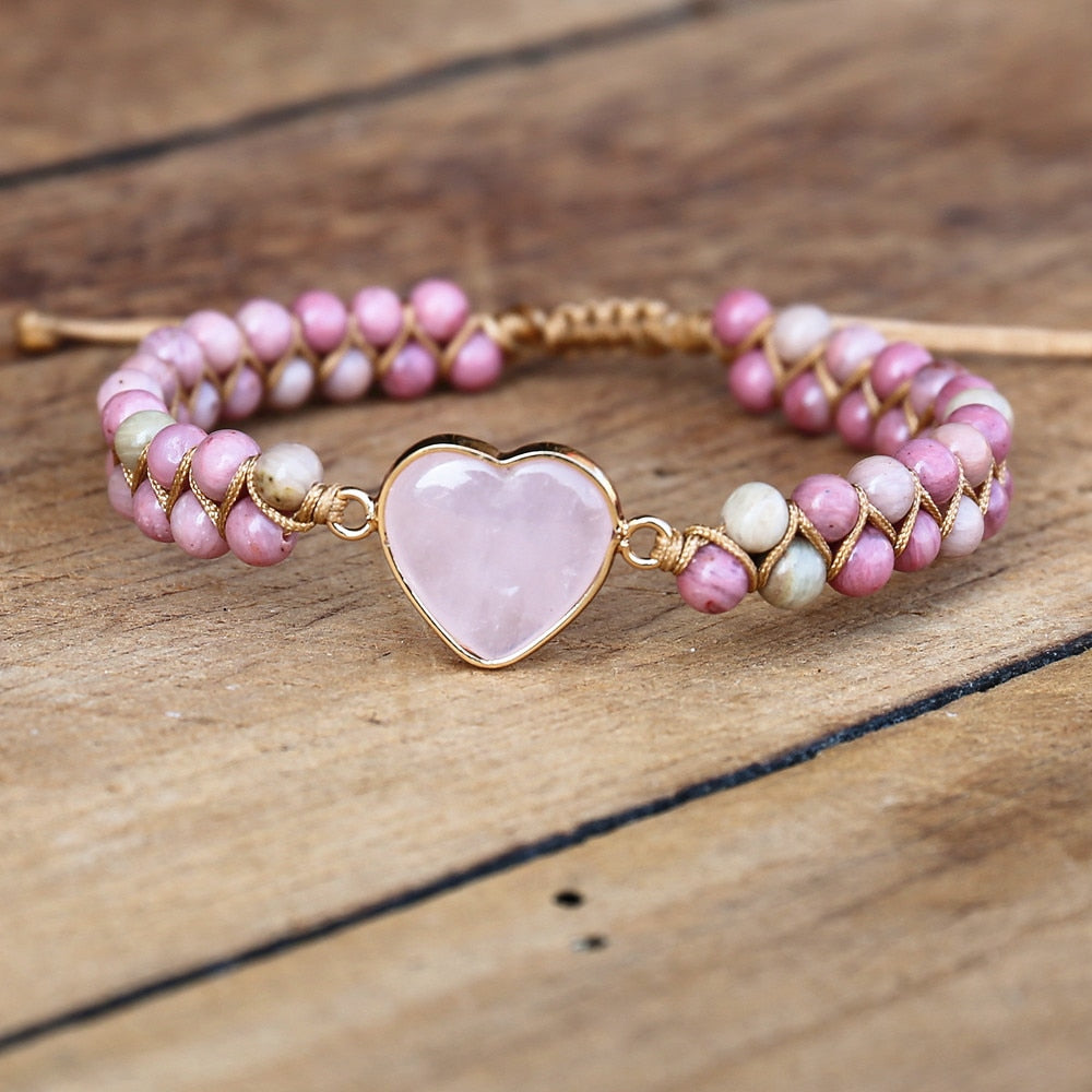 Hand Woven Rhodonite Rose Quartz Heart Bracelet