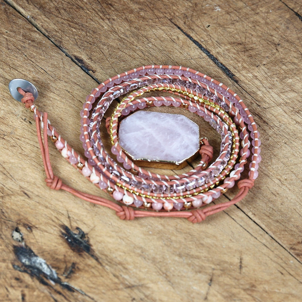 5 Layered Facet Rose Quartz Leather Bracelet