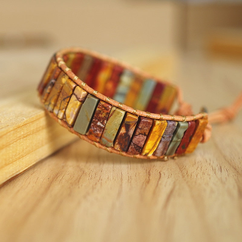 Hand Woven Mookaite/Picasso Jasper Mix & Leather Rectangle Bracelet