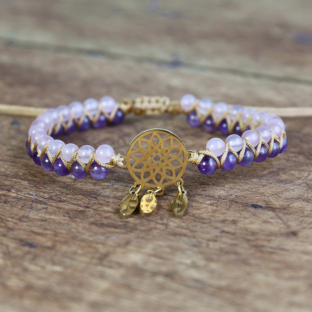 Hand Woven Rose Quartz Amethyst Dream Catch Bracelet