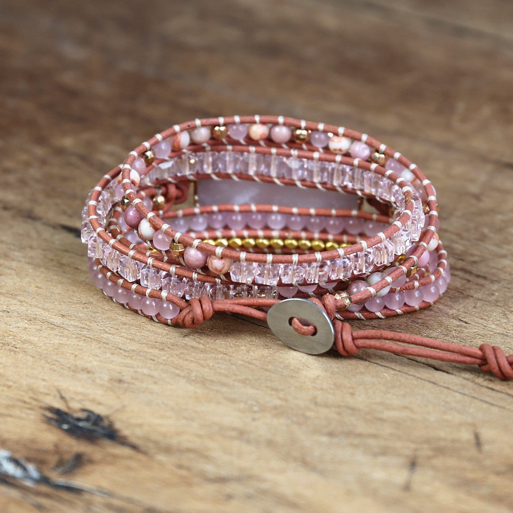 5 Layered Facet Rose Quartz Leather Bracelet