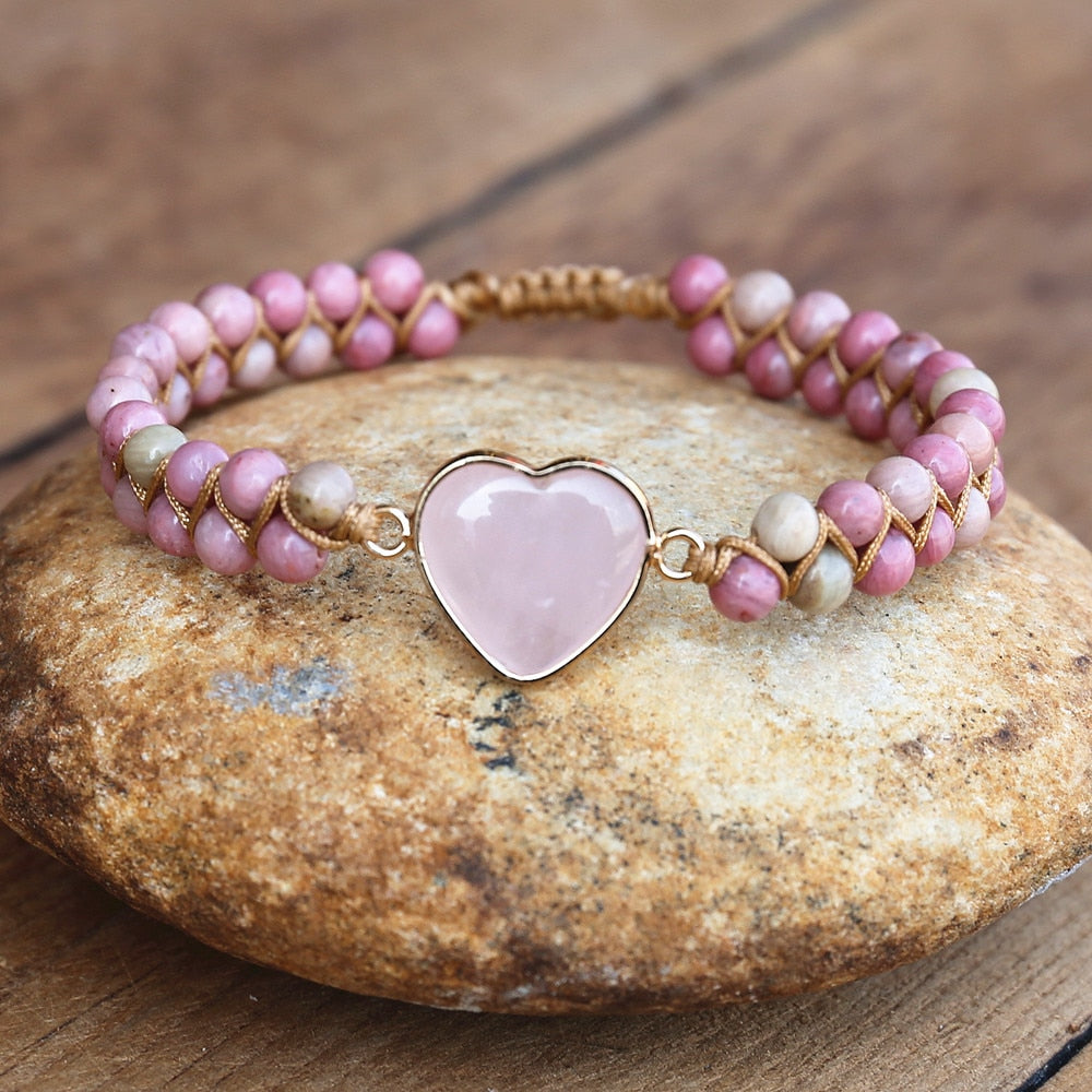 Hand Woven Rhodonite Rose Quartz Heart Bracelet