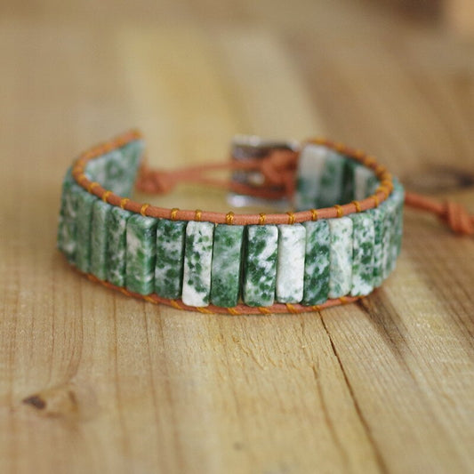 Hand Woven Tree Agate & Leather Rectangle Bracelet