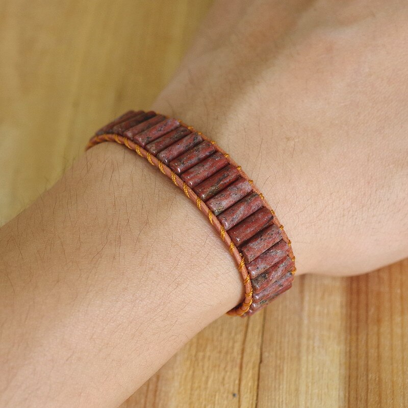 Hand Woven Red Jasper & Leather Cylinder Bracelet