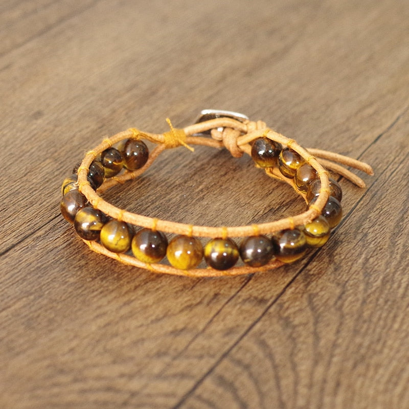 Hand Woven Leather Tigers Eye Bracelet