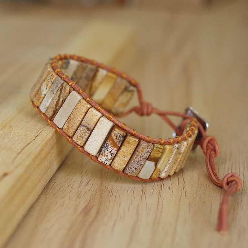 Hand Woven Picture Jasper & Leather Rectangle Bracelet