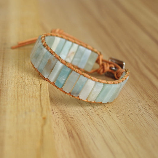 Hand Woven Caribbean Calcite & Leather Rectangle Bracelet